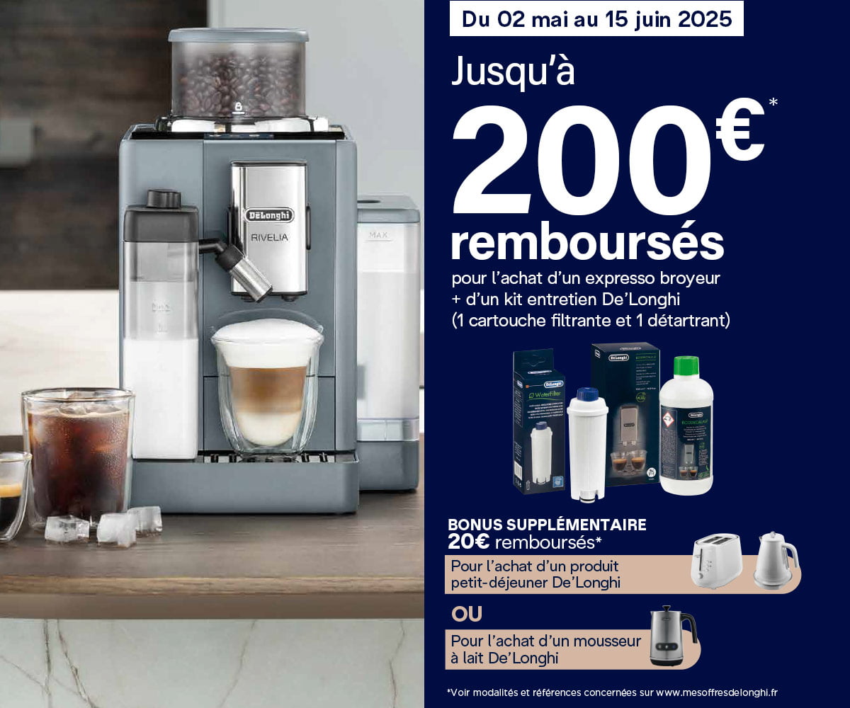 Offre expresso broyeur : jusqu'à 200€ remboursés pour l'achat d'un expresso broyeur et d'un kit d'entretien De'Longhi Offre expresso broyeur : jusqu'à 200€ remboursés pour l'achat d'un expresso broyeur et d'un kit d'entretien De'Longhi