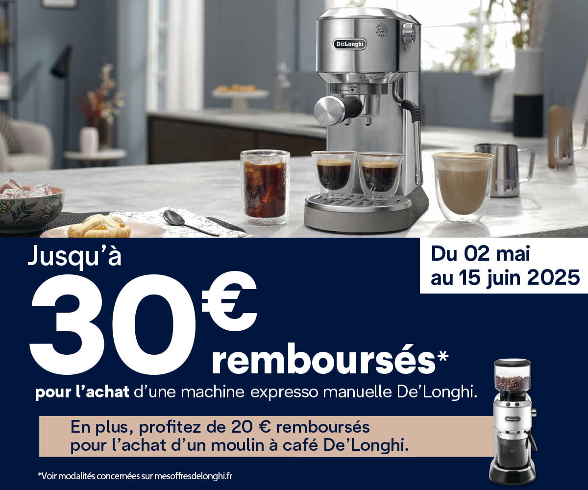 Offre expresso manuelle: jusqu'à 30€ remboursés + bonus moulin de 20 € Offre expresso manuelle: jusqu'à 30€ remboursés + bonus moulin de 20 €